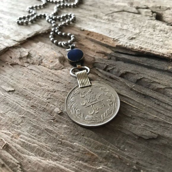 Rustic Lapis Lazuli Ethnic Coin Charm Necklace - 30 Inch Chain - Picture 4 of 12
